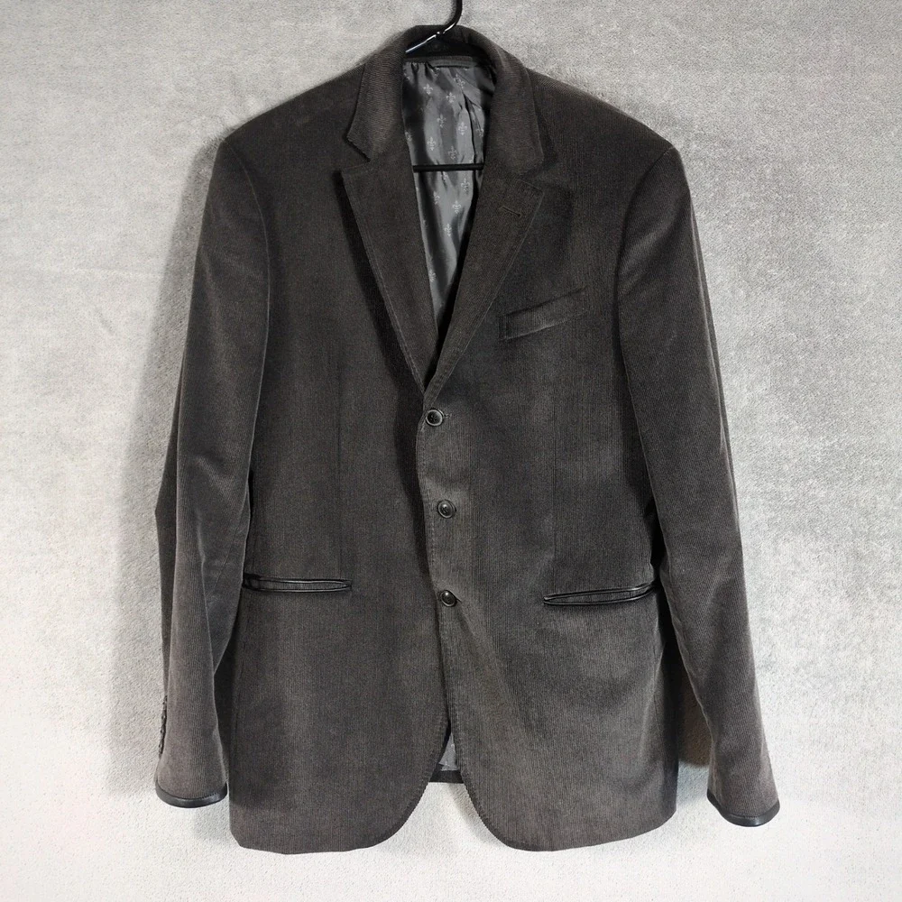 John Varvatos Mens Charcoal Grey Corduroy 3 Button Blazer Leather Trim Size‎ 40R